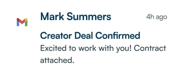 Gmail confirmation of a creator brand deal via Pitchlo